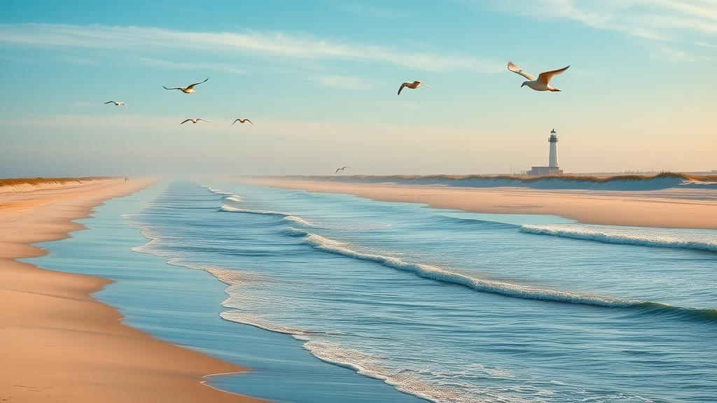 Scenic Oak Island beach with Caswell Beach lighthouse in the distance, panoramic coastline view, gentle waves, dunes, seabirds, and natural vivid colors