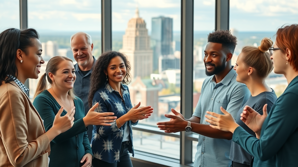diverse group of renters evaluating Charlotte apartments for rent with city views, coworking atmosphere