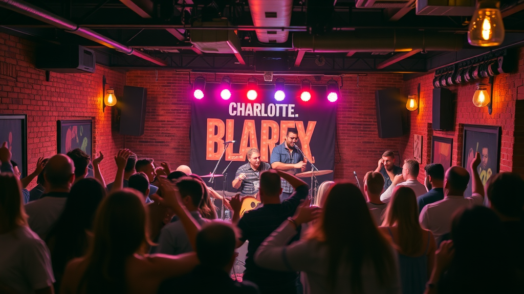 Charlotte live music venue, local band performing, vibrant nightlife, Queen City amenities, photorealistic, ambient lighting, crowd dancing