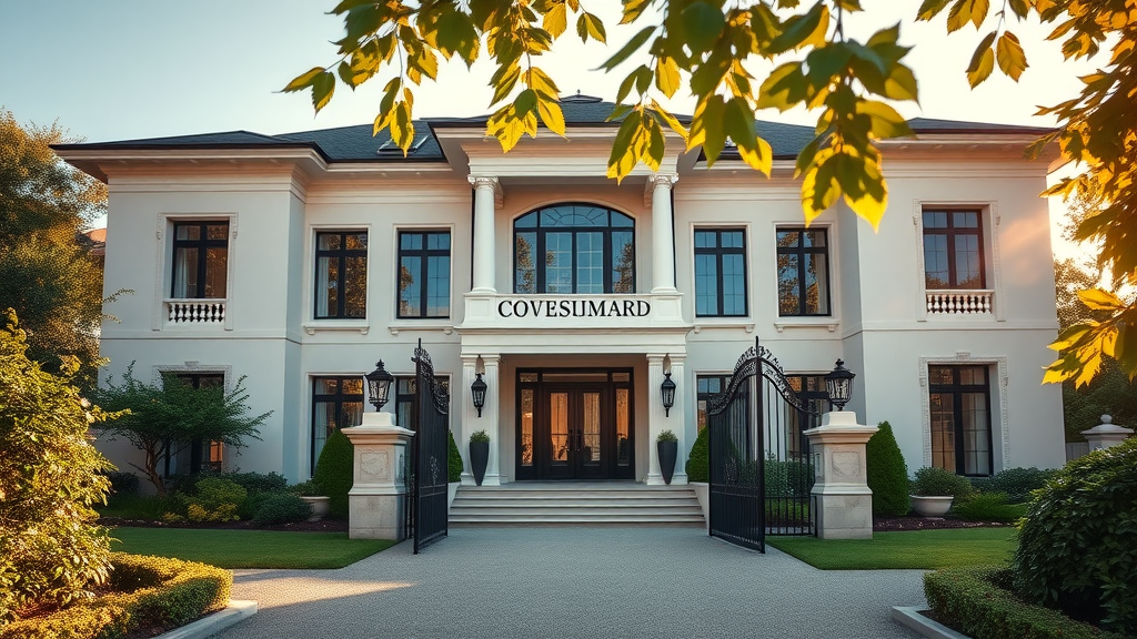 Luxurious modern mansion in Charlotte NC upscale living neighborhood, grand facade with manicured gardens and ornate gates, sun-soaked afternoon