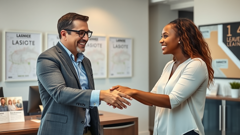 Friendly leasing agent with a diverse couple in Charlotte apartment leasing office, discussing apartment for rent options, high fidelity lifelike depiction, smiling, engaging, modern office