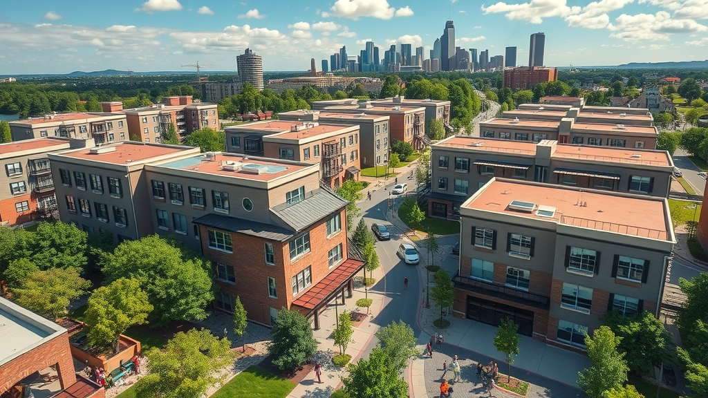vibrant aerial view of modern Charlotte NC apartment complexes with city skyline, bustling residents, and lush green communal areas. Apartments for rent in Charlotte NC.