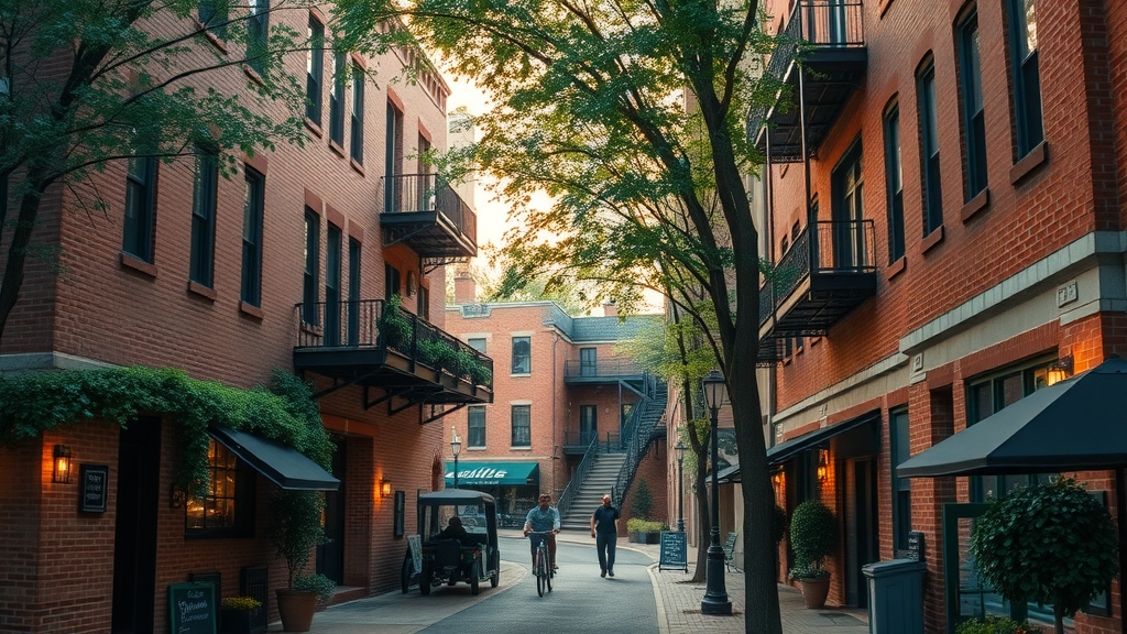 Quaint Elizabeth neighborhood street, historic brick apartments, cafes, leafy lanes with cyclists and walkers, warm sunset tones, inviting atmosphere.