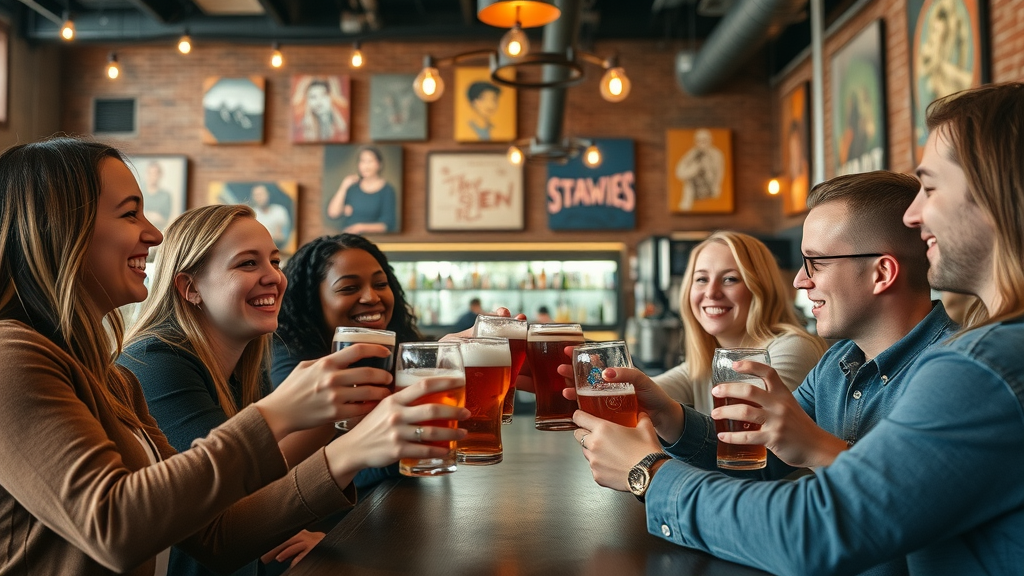 Trendy North End Charlotte brewery with art installations and friends toasting, north end brewery
