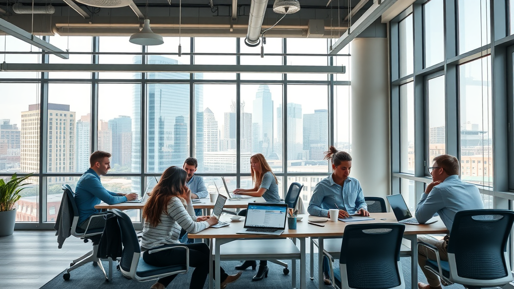 Modern coworking space in Charlotte urban setting with young professionals collaborating