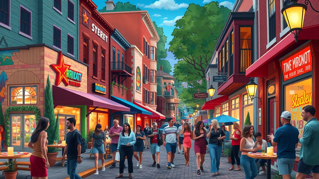 Colorful local street in Plaza Midwood, artistic murals and outdoor cafes, charlotte rental neighborhoods