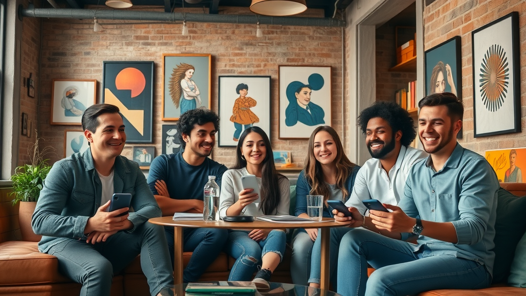 diverse group of urban professionals and creatives in a cozy Charlotte loft, collaborating, friendly atmosphere, loft apartments, urban apartment living