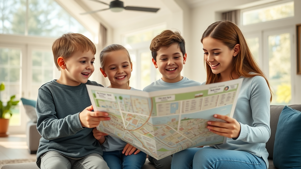 happy family reviewing Charlotte neighborhood maps, top residential areas charlotte, suburban living room, leafy backyard