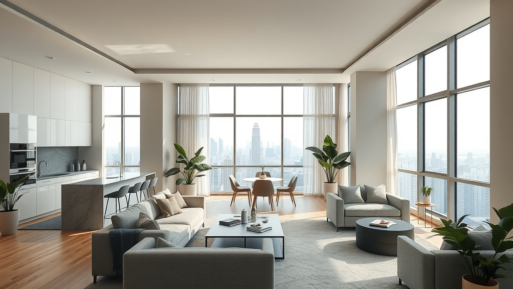 spacious contemporary apartment floor plan near Charlotte downtown open concept kitchen city view