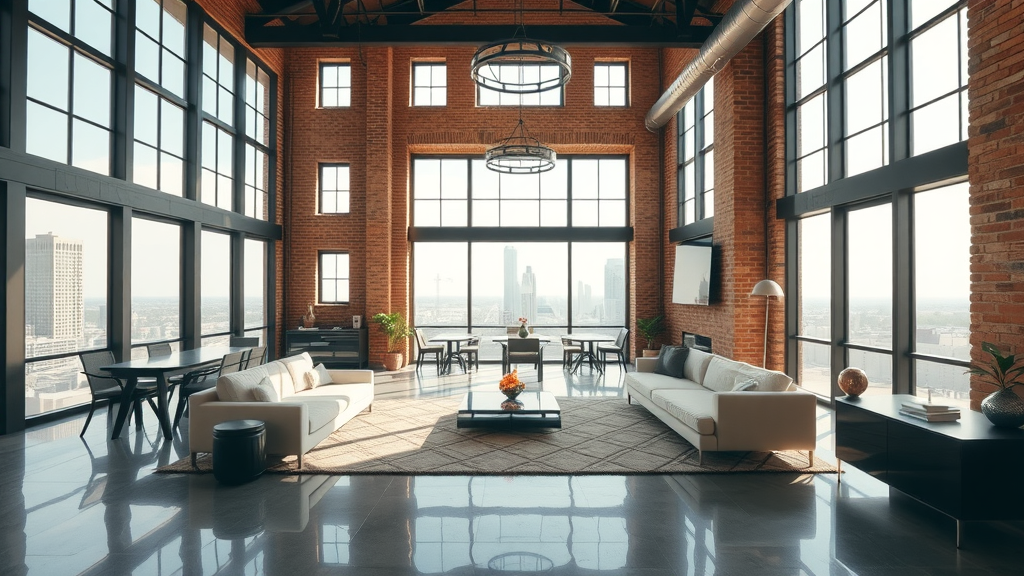 modern luxury loft interior in Charlotte arts district, open-plan, exposed brick, city skyline, panoramic views, natural light