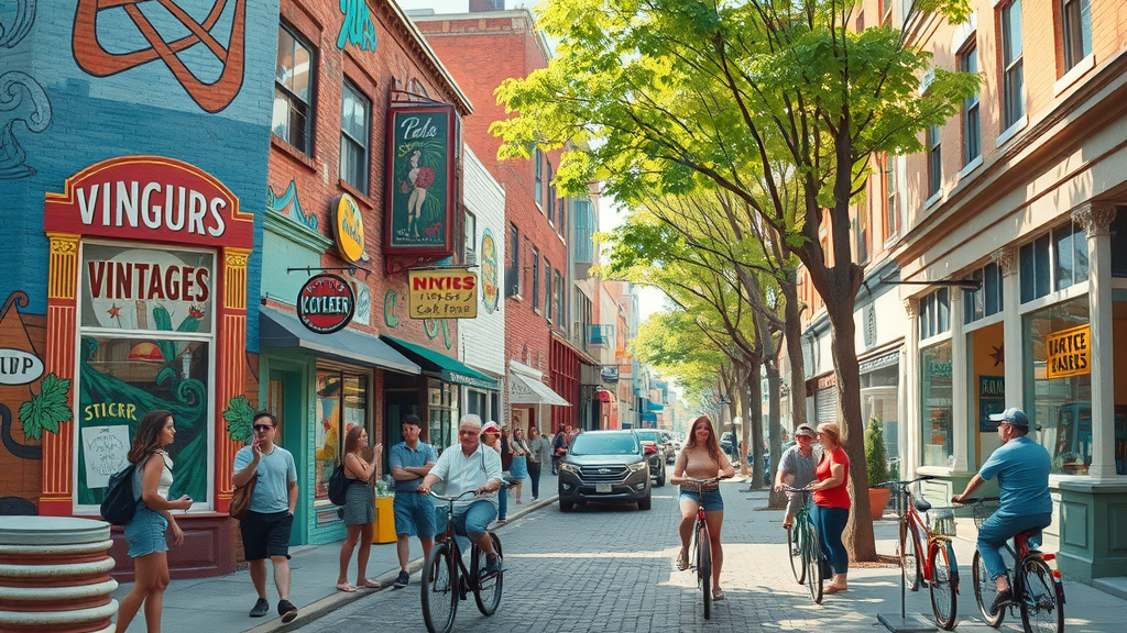 whimsical Plaza Midwood street, vibrant murals, bohemian vibe, living in charlotte neighborhoods, local cafes, vintage shops, 2D cartoon style