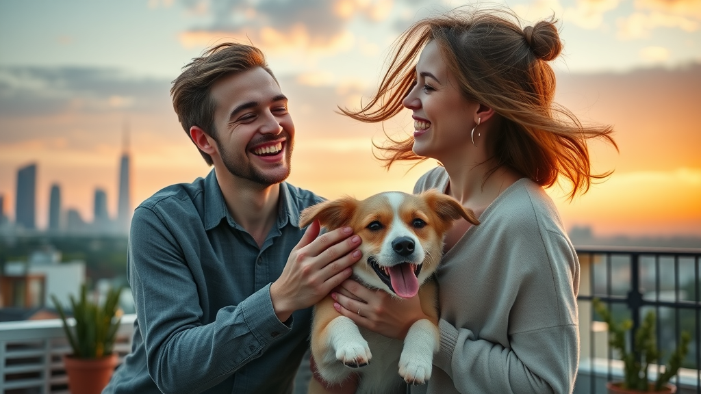pet-friendly charlotte arts district apartment for rent rooftop, young couple, dog, skyline sunset view, NoDa