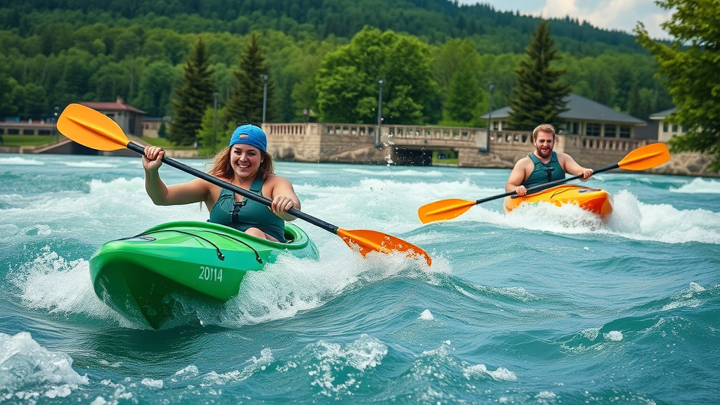 Charlotte urban living, adventurous locals kayaking at Whitewater Center