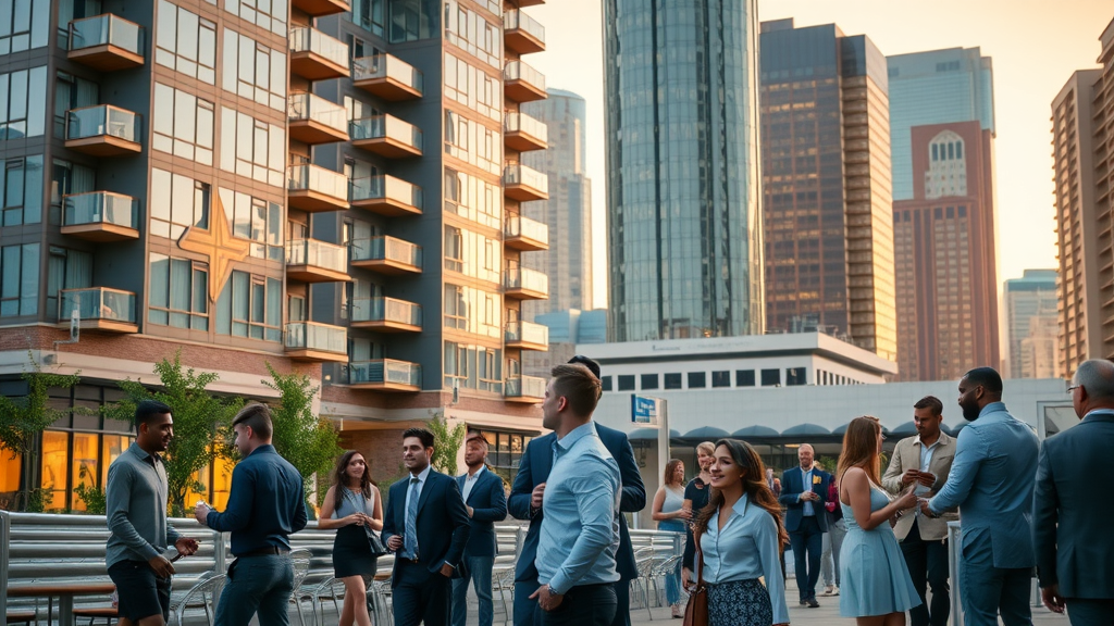 uptown charlotte apartment neighborhood exteriors with city skyline and young professionals