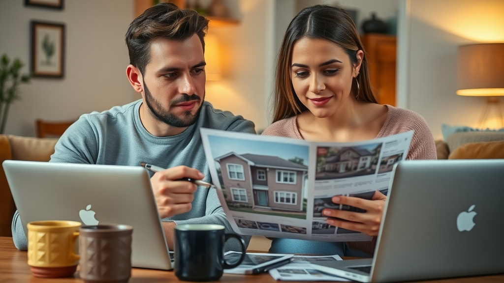 thoughtful young couple reviewing Charlotte house listings in cozy living room, laptops, marks on listing flyers