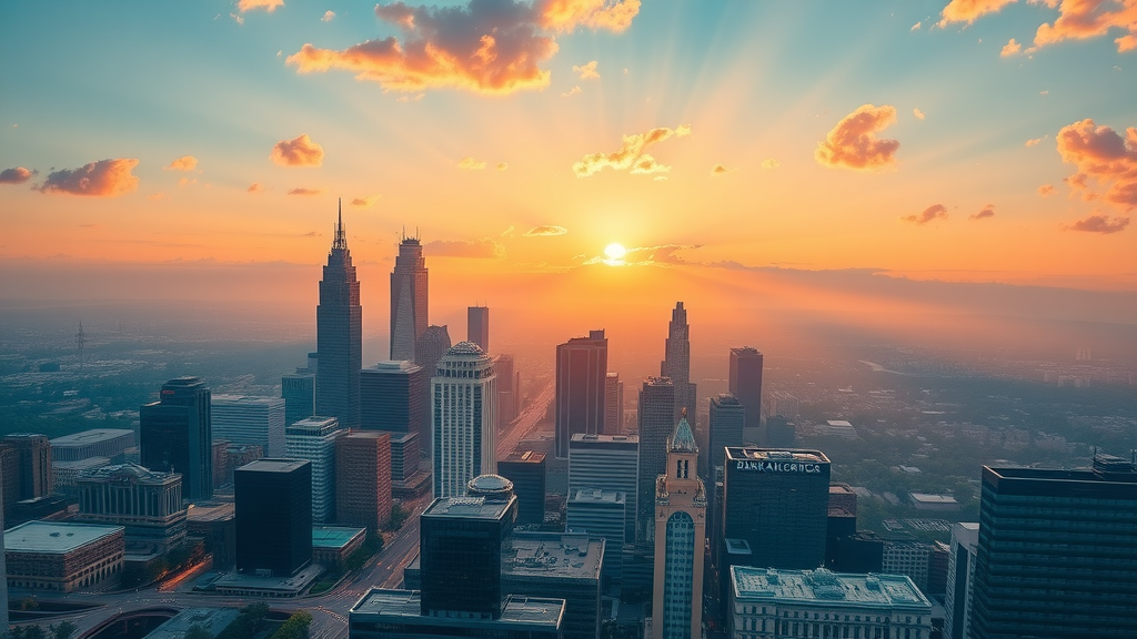 Aerial panoramic view of Charlotte financial district housing charlotte at sunrise, highlighting key residential and business landmarks