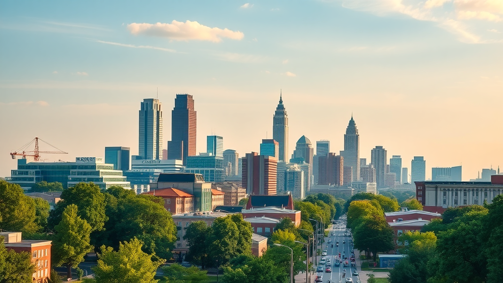 vibrant Charlotte skyline, lively and bustling, people enjoying city life, cityscape with greenery and high-rise apartments in the foreground