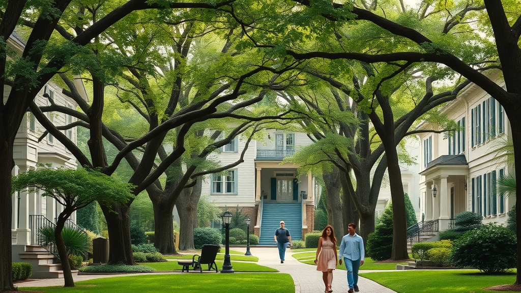 charming street in Myers Park Charlotte, elegant historic homes, lush trees, relaxed families outdoors, Main keyword: myers park historic homes.