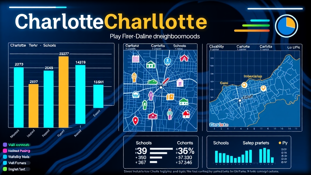 data-driven infographic of Charlotte neighborhoods, livability metrics, best neighborhoods in Charlotte, futuristic colors