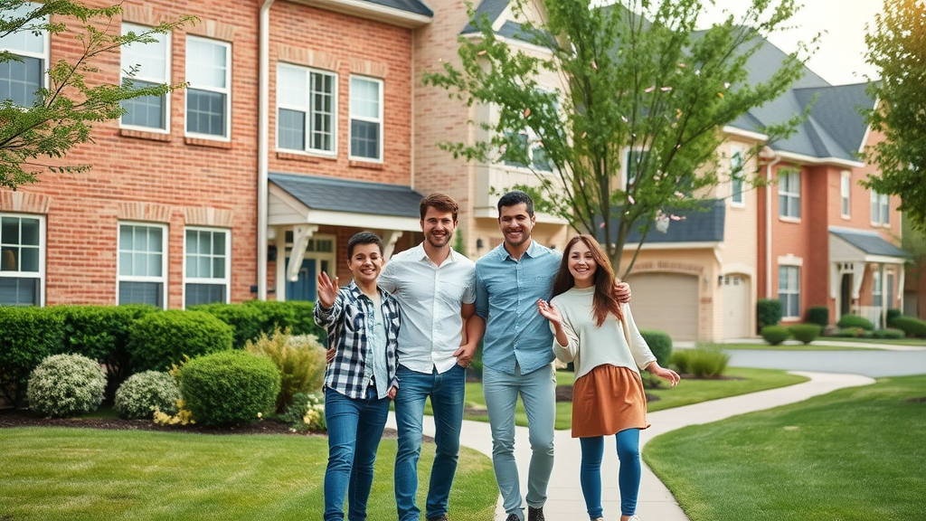 Beautiful suburban financial district residential neighborhood, young family celebrating outside new townhouse. Financial district real estate charlotte.