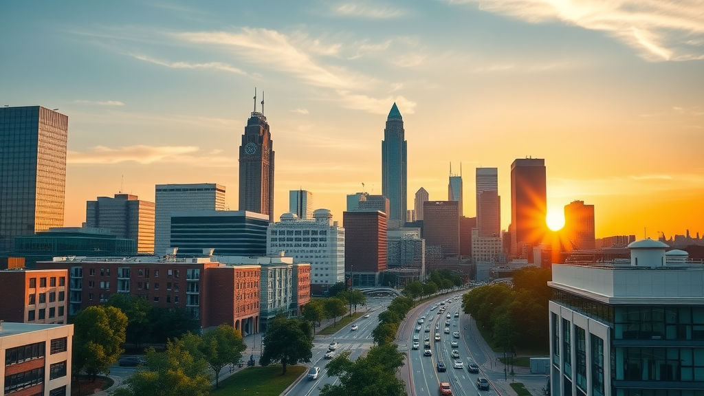 Modern Charlotte city skyline with apartments and green parks at sunrise, bustling street life, apartments for rent Charlotte