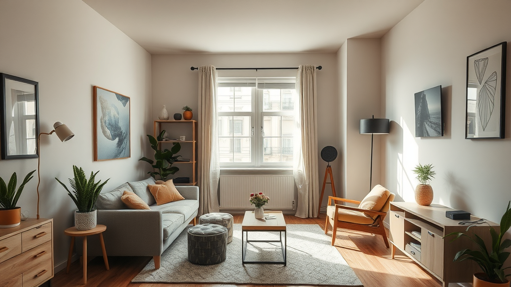 Stylish studio apartment interior in Charlotte, cozy, sunlit space, open-floor plan, affordable city living, studio apartment in Charlotte