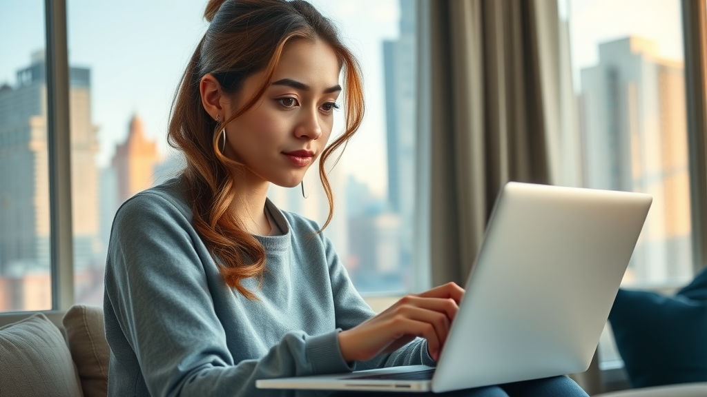 Young woman searching Charlotte apartment listings online, modern apartment, city view, apartments for rent Charlotte