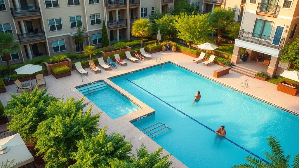 Serene Charlotte apartment community, lush landscaping, luxury amenities, people enjoying pool and gardens, apartments for rent Charlotte