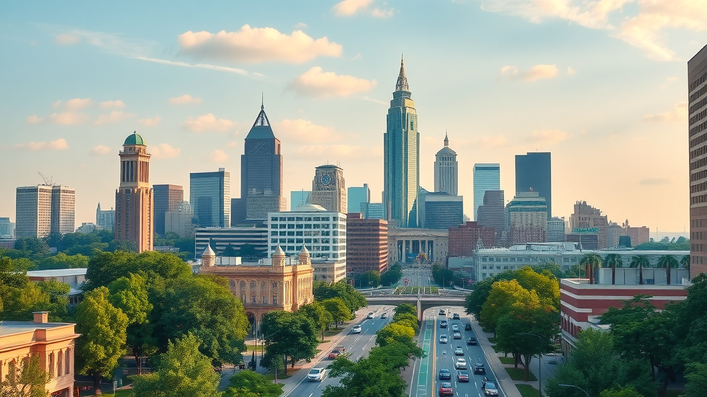 modern urban cityscape, skyline of Charlotte, energetic vibe, bustling streets, high-rise buildings, green spaces, vibrant colors, soft daytime lighting