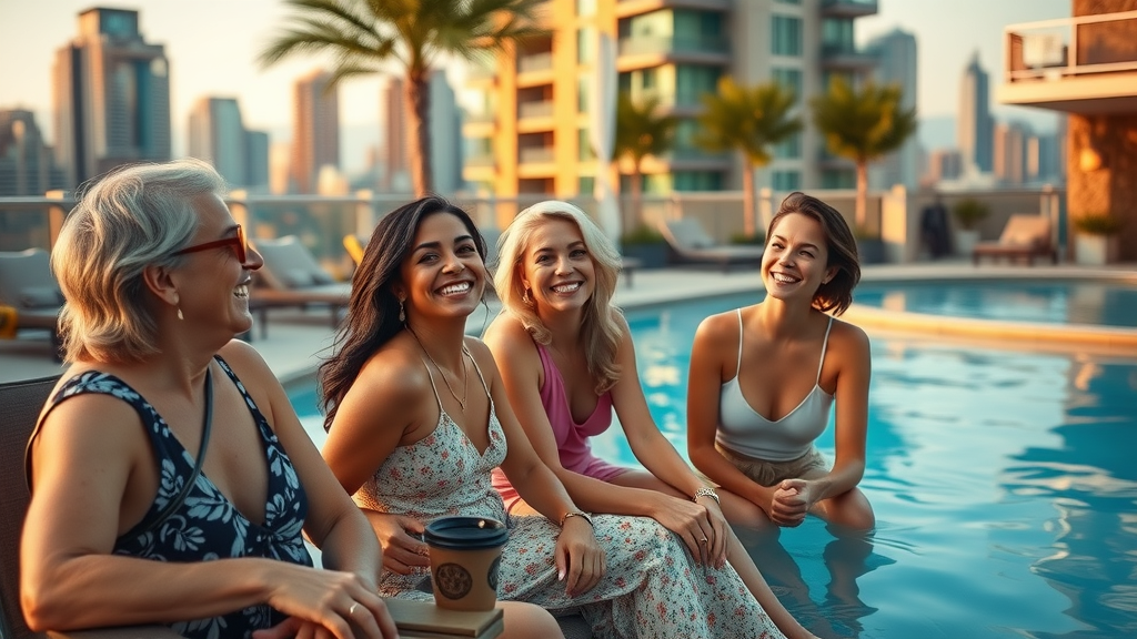 luxurious apartment amenities, smiling residents, enjoying poolside area, upscale outdoor lounge with pool, city background, showing people laughing and relaxing, warm tones, golden hour lighting