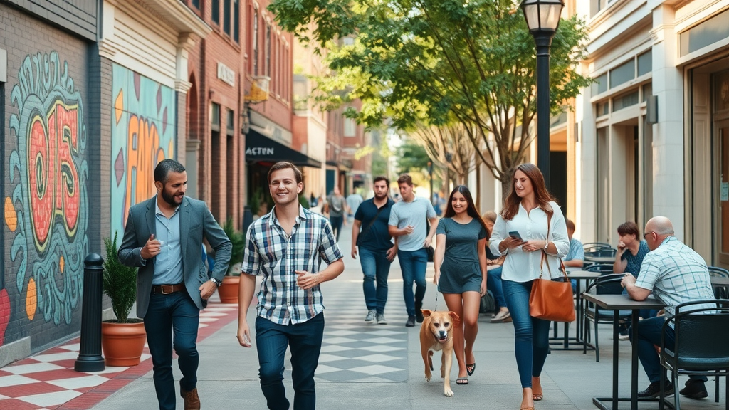 trendy neighborhood vibe, stylish young professionals, walking pets, enjoying outdoor cafes, South End charlotte street scene with murals and trees, dynamic sidewalk activity, pastel colors, morning soft lighting