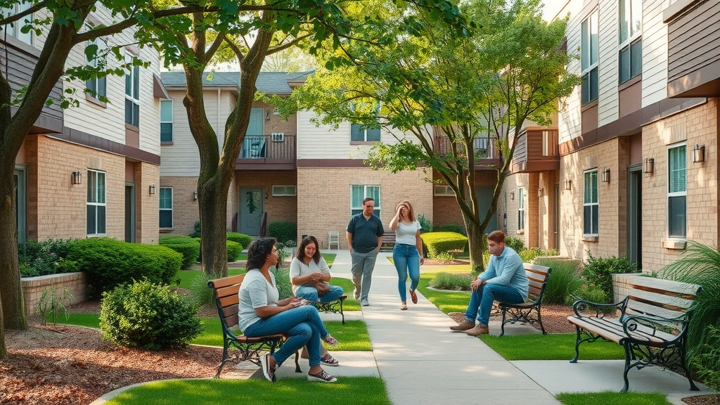 welcoming, affordable apartment exterior, families and young adults, relaxing in landscaped courtyard, suburban setting with mature trees and benches, pleasant outdoor life, green and earth tones, gentle afternoon lighting