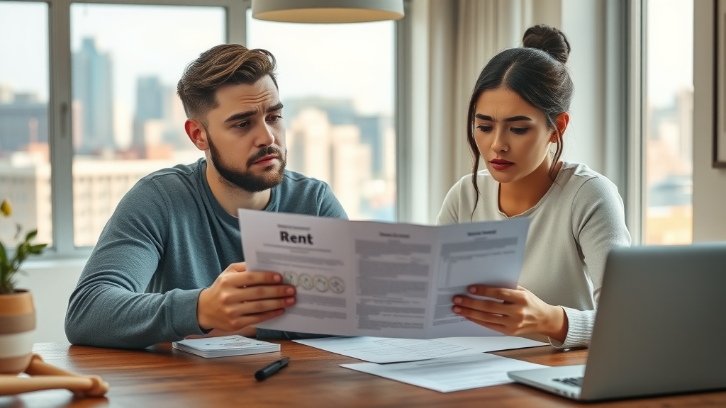 Worried young couple reviewing rent documents for apartments in Charlotte, NC, Charlotte skyline in window, searching for affordable apartment options