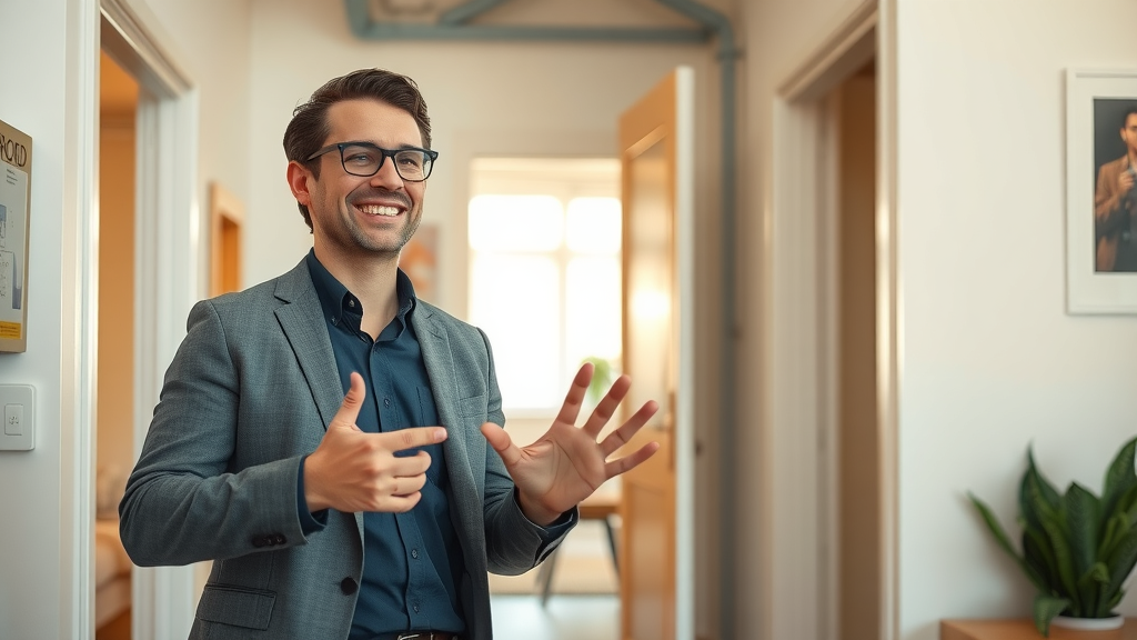 Energetic real estate agent giving a tour to a young renter in a modern Charlotte apartment, displaying floor plan details