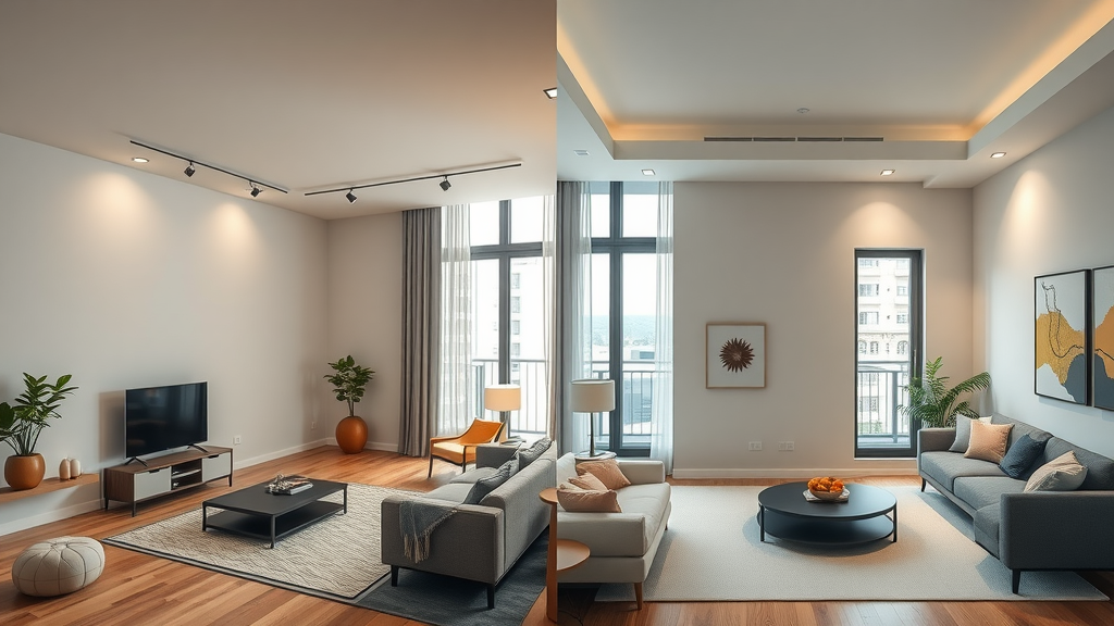Modern apartment comparison, affordable apartments in Charlotte NC versus luxury apartment, illustrating different amenities and floor plan layouts