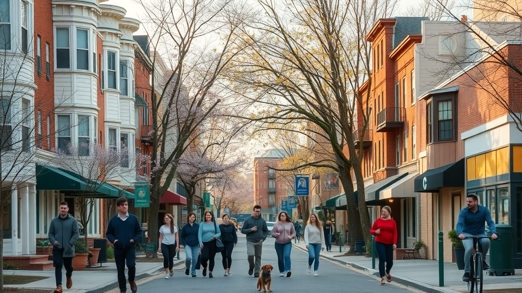 Charming neighborhood street in Charlotte NC, showing diverse affordable apartment buildings and residents, dog walkers and cyclists add life, spring blooms