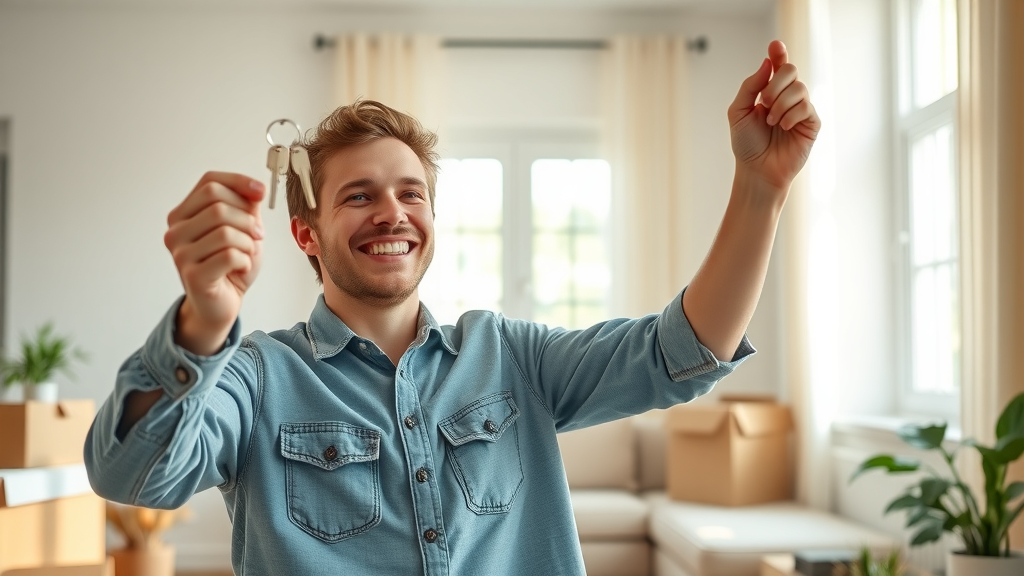 Happy renter moving into a new affordable apartment in Charlotte NC, celebrating with keys in hand, bright interior and moving boxes