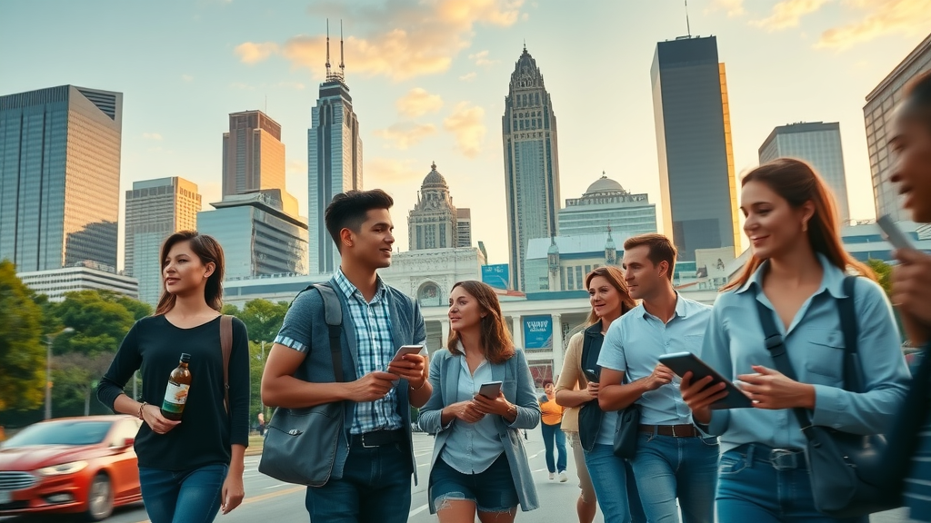 vibrant urban skyline of Charlotte, a diverse group of young professionals, engaging in daily activities, bustling cityscape with high rises and greenery in the background