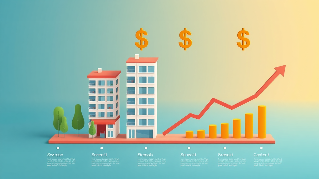 modern infographic display of apartment buildings and dollar signs, showing upward rent trends in Charlotte, icons, graphs, and movement