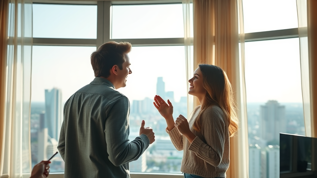 interior of modern Charlotte apartment, excited young couple looking out large windows at city skyline