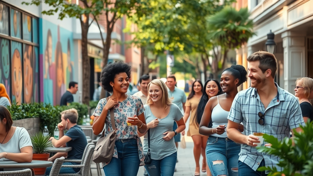 charming streetscape of Plaza Midwood, Charlotte, with diverse locals enjoying outdoor cafés, urban background with murals and trees