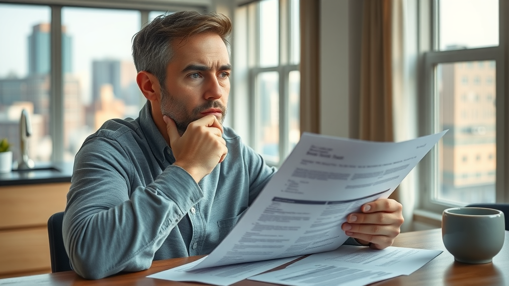 concerned renter reviews a lease in a Charlotte apartment complex, thoughtful at kitchen table with city view and paperwork