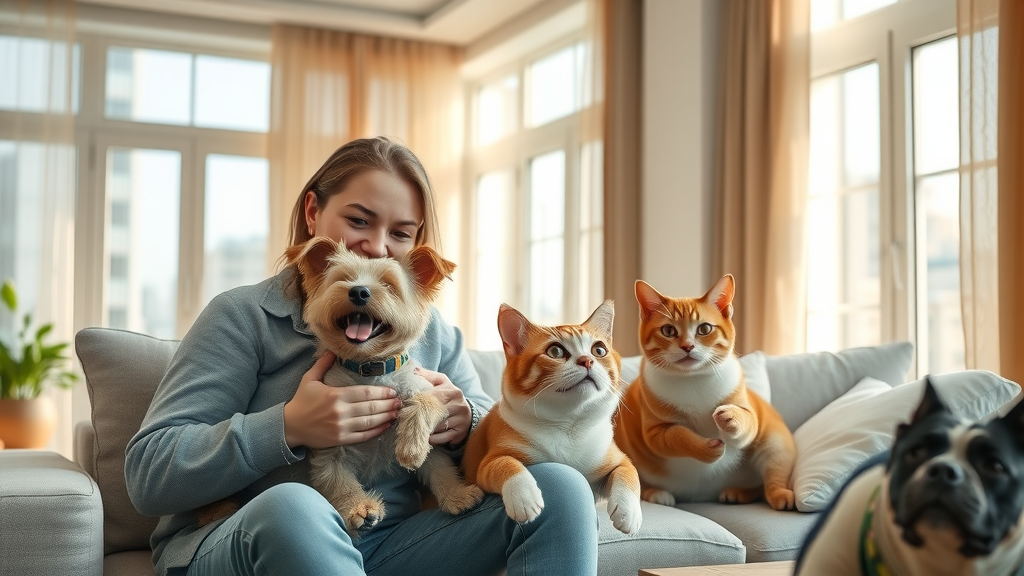 pet-friendly apartments charlotte, happy dog and cat with owner in sunlit modern apartment