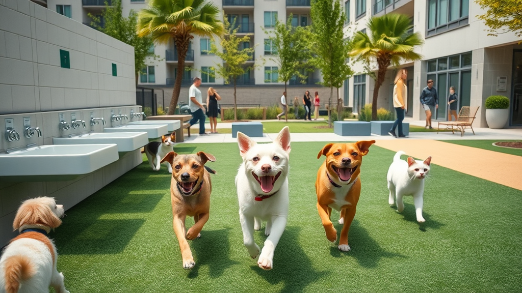 pet-friendly apartments charlotte, dogs and cats exploring pet washing station and dog park
