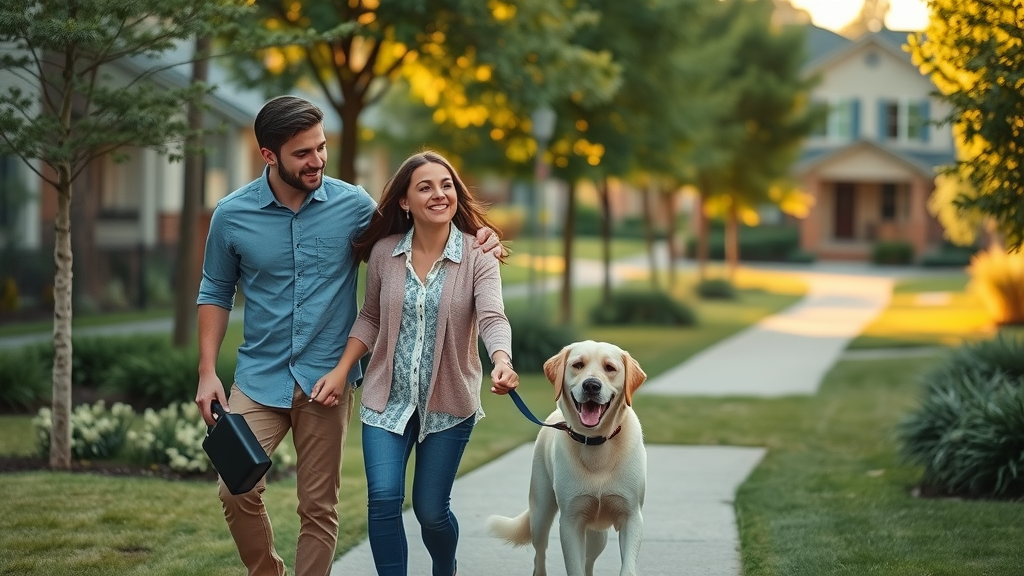 family walking with pet dog around new neighborhood in charlotte apartment community