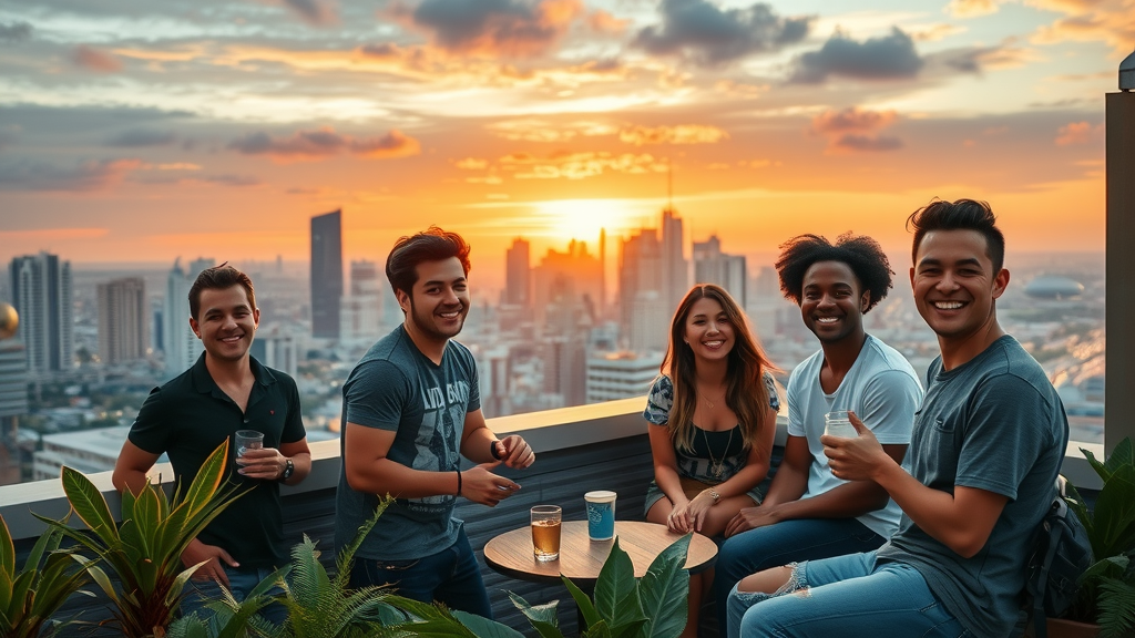 vibrant rooftop lounge with sky lounge amenity in Charlotte apartment, group socializing at sunset, city skyline, luxury urban living