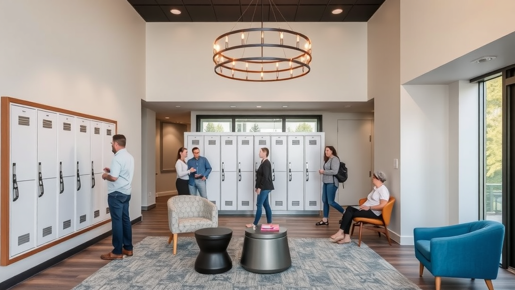 modern Charlotte apartment lobby with amenity package lockers and residents interacting