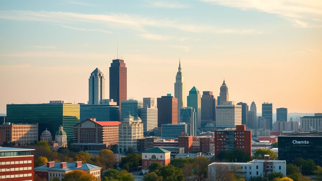 vibrant Charlotte NC skyline housing options, welcoming atmosphere, diversity, downtown landscape with modern buildings, bustling urban life, natural daylight, wide-angle view