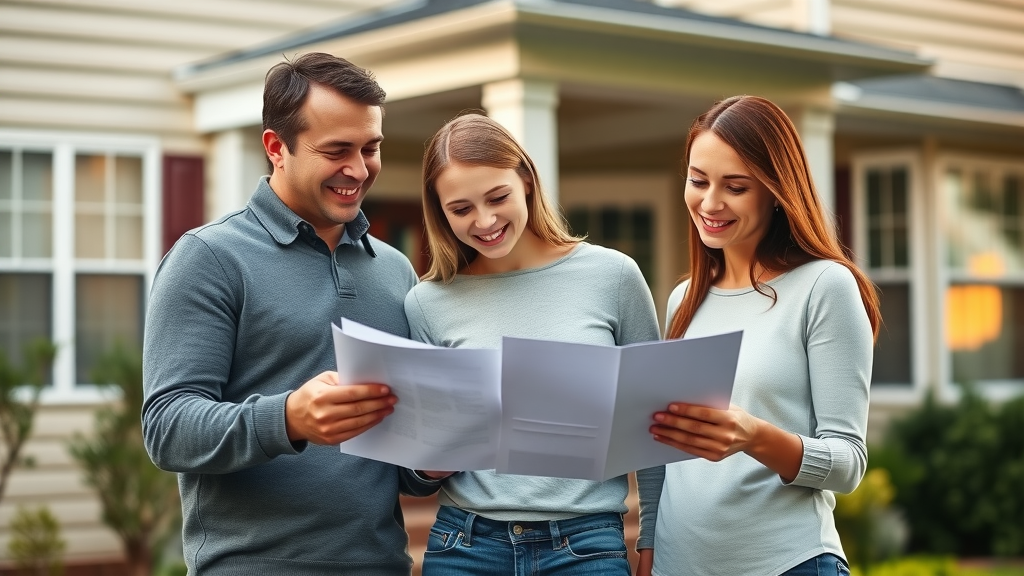 friendly family in front of suburban Charlotte NC home, optimistic, reviewing documents, housing options, warm tones