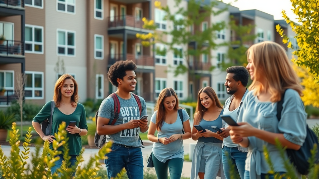modern affordable apartment complex in Charlotte NC, diverse residents, outdoor amenities, active lifestyle, urban greenery